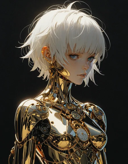 Manga style, detailed hyperrealism, full-body automaton (Jamie Hewlett, John Berkey), with short straight white hair, opal medallion, head tilted to one side, face hidden by hair, golden skin, very high contrast, lighting overhead, darkness, nudity, black background; 3D rendering, 4K <lora:Sinozick:1> <lora:epi_noiseoffset2:1>