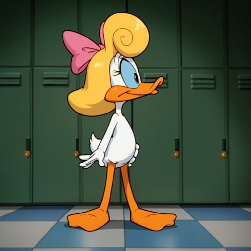 score_9, score_8_up, score_7_up, score_6_up, score_5_up, score_4_up, source_furry, Shirleytta, semi-anthro, female, duck, blonde hair, blue sclera, black eyes, white feathers, pink bow, locker room, standing