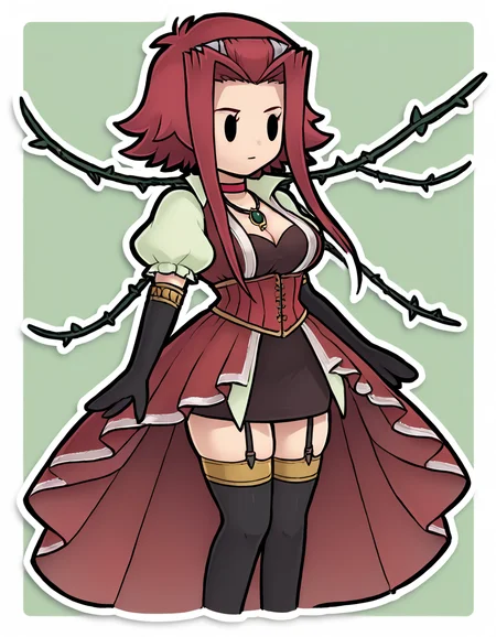 score_9, score_8_up, score_7_up, score_9 masterpiece, highres, green background BREAK
<lora:Paper_Mario:0.8> Black eyes, chibi, full body, zettai ryouiki,
BREAK
<lora:akixl9:0.8>
solo 1girl, white outline, akiza, black eyes, curvy, skindentation, busty, inner thigh,
akizalimiter, akizaskirttail, akizareg, puffy sleeves, red corset, choker, necklace, jewelry, black elbow gloves, high-low skirt, garter straps, thighhighs
BREAK
forest background, roses, thorns, vines, ivy, plant