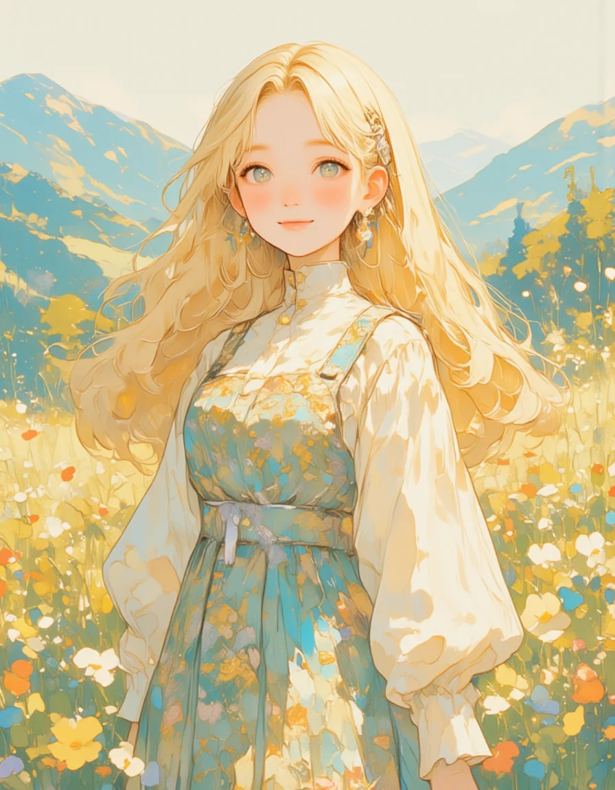 cute blonde anime girl with long straight hair, wearing a dress with high collar, dress has balloon sleeves, girl is surrounded by flowers in a mountain meadow. this illustration is drawn with traditional media <lora:n1j1qtc0l0rp0p style v5:0.5> n1j1qtc0l0rp0p illustration style, she is smiling softly lyh_mo <lora:0083:0.6> she has small ears