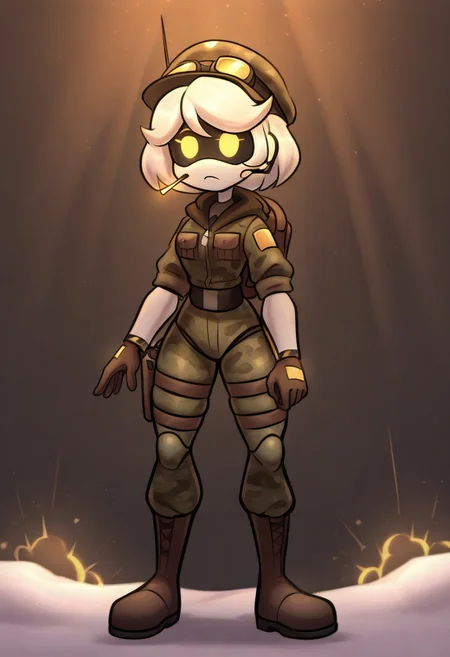 (masterpiece, high quality, highly detailed, best quality), SD-V, 1girl, solo, robot girl, humanoid robot, robot joints, hairband, short white hair, yellow eyes, solid circle pupils,
military smoking, military hat, war, trenches, explosions from behind, yellowish lighting, blaster in hand, snow
upper body, scated, confused
military, camouflage, solo, backpack, boots, hat, goggles, goggles on headwear, jacket, hood, bag, headset, camouflage jacket, gloves, holster, hood down,thigh holster, radio antenna, military, headphones, leggings, closed mouth, camouflage pants,