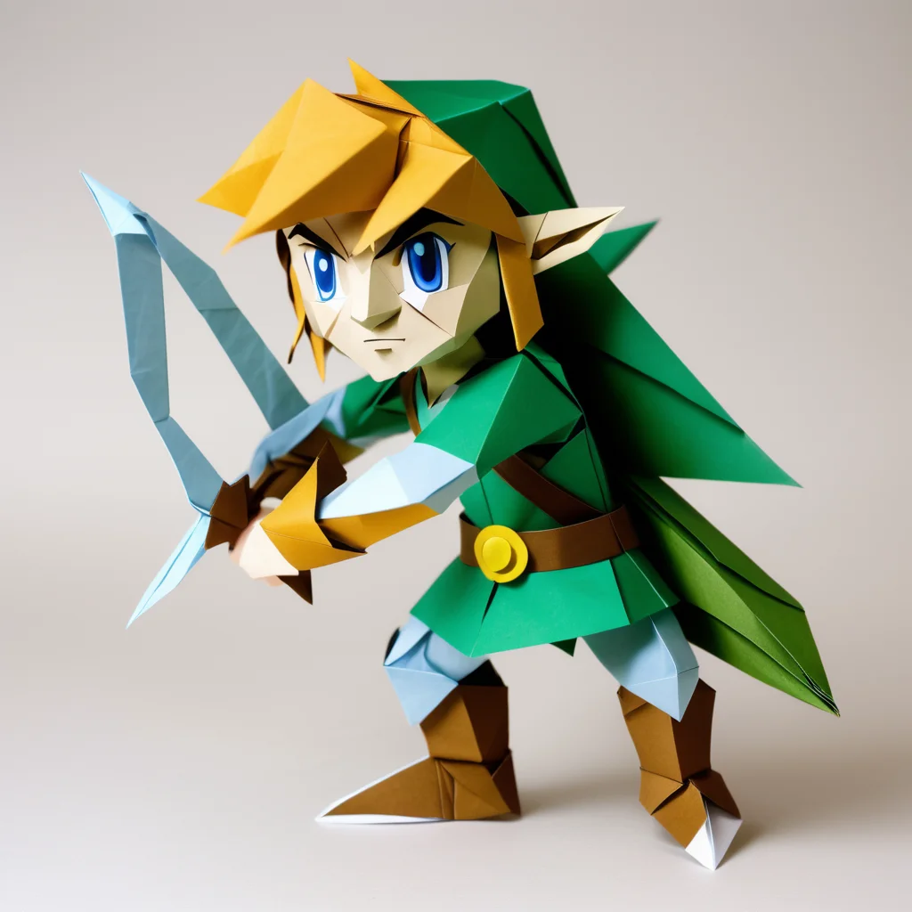 origami style A detailed paper model of Link from "The Legend of Zelda," battling paper monsters in a folded kingdom . paper art, pleated paper, folded, origami art, pleats, cut and fold, centered composition