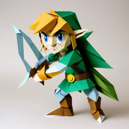 origami style A detailed paper model of Link from "The Legend of Zelda," battling paper monsters in a folded kingdom . paper art, pleated paper, folded, origami art, pleats, cut and fold, centered composition