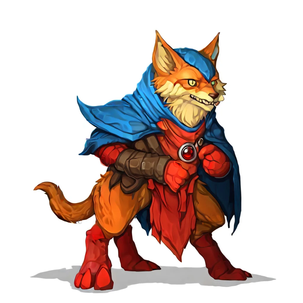blonde hair, crack, sly expression, fox from league of legends chibi, tiger, red scarf, cloak with hood, concept art, gloves, colored sclera, teeth, orange fur, barefoot, blue sky, abs