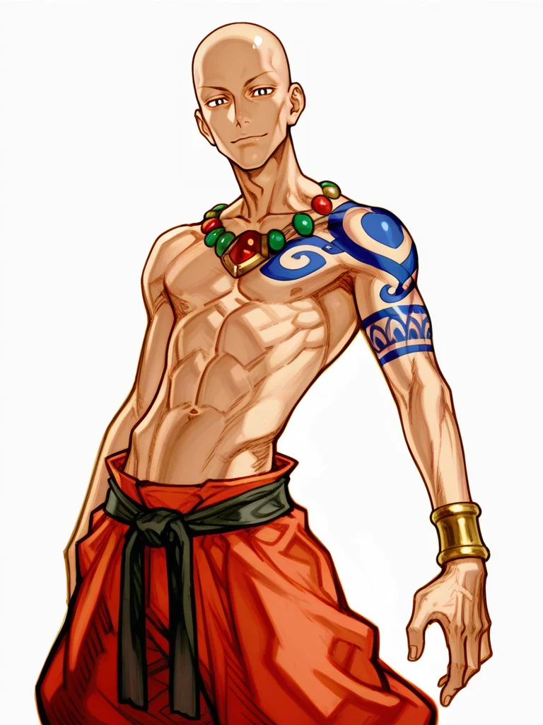 NishimuraXL,, simple background, (sketch:1.1), skinny body, abs,
1boy, bald, baggy pants, white pupils, jewelry, tattoo, light smile,
white background, looking at viewer, dynamic pose, cowboy shot,
<lora:AKinuNishimura_Style-12:1>