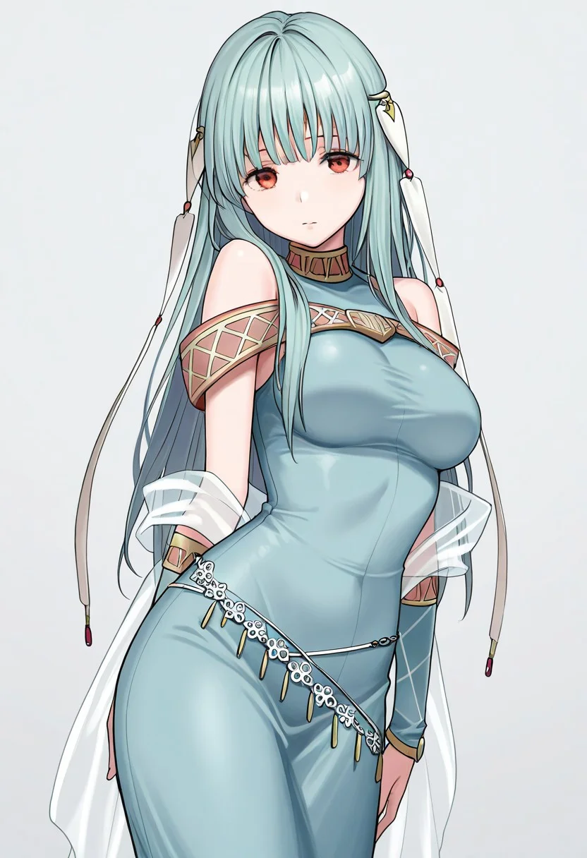 masterpiece, best quality, amazing quality. crimsonj-girl.fightil,
1girl, Ninian, Long hair, Blue hair, Hair Ornament, Red Eyes, Dress, Blue dress, breasts, bare shoulders,
standing, looking at viewer,
simple background,