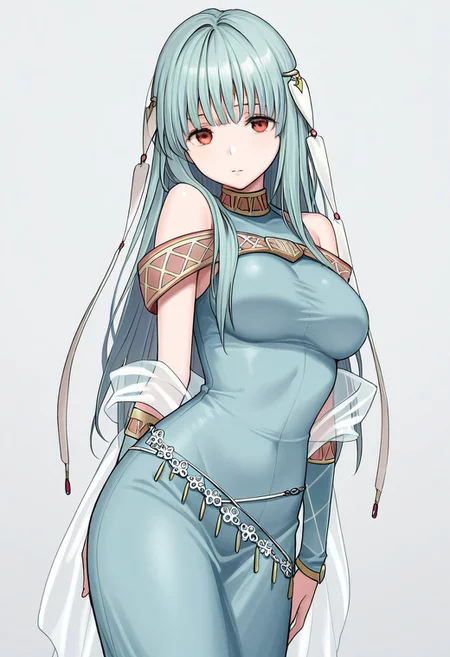 masterpiece, best quality, amazing quality. crimsonj-girl.fightil,
  1girl, Ninian, Long hair, Blue hair, Hair Ornament, Red Eyes, Dress, Blue dress, breasts, bare shoulders,
standing, looking at viewer,
simple background,