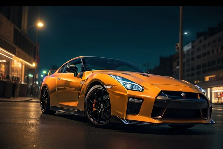 cars fantastic orange, [Nissan GTR], speed, intricate detail ,neon city background, city background, night, HD. Photograph , in table((realism)), extremely high quality RAW photograph, ultra detailed photograph, sharp focus, high resolution, (detailed skin:1,3),high quality, film grain, Fujifilm XT3,Highly Detailed, movie, (Cinematic Photo:1.3) of (Realistic:1.3)