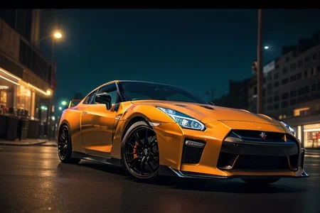 cars fantastic orange, [Nissan GTR], speed, intricate detail ,neon city background, city background, night, HD. Photograph , in table((realism)), extremely high quality RAW photograph, ultra detailed photograph, sharp focus, high resolution, (detailed skin:1,3),high quality, film grain, Fujifilm XT3,Highly Detailed, movie, (Cinematic Photo:1.3) of (Realistic:1.3)