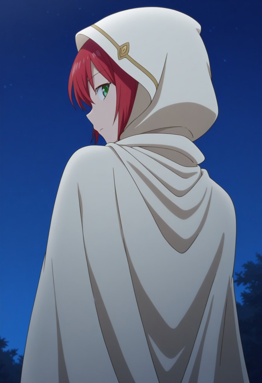 masterpiece,best quality,amazing quality, source_anime, 
shirayuki, 1girl, solo, green eyes, red hair, short hair, cape, white cape, hood, up, from behind, looking back, night,