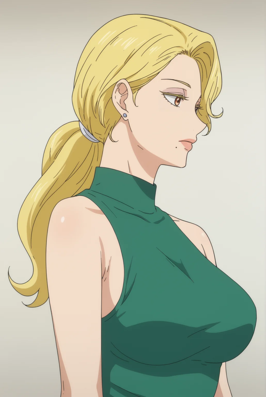 <lora:Marisa_Hyoudou:0.8>, white background, Marisa Hyoudou, green dress, 1girl, solo, long hair, breasts, jewelry, upper body, ponytail, earrings, mole, mole under mouth,