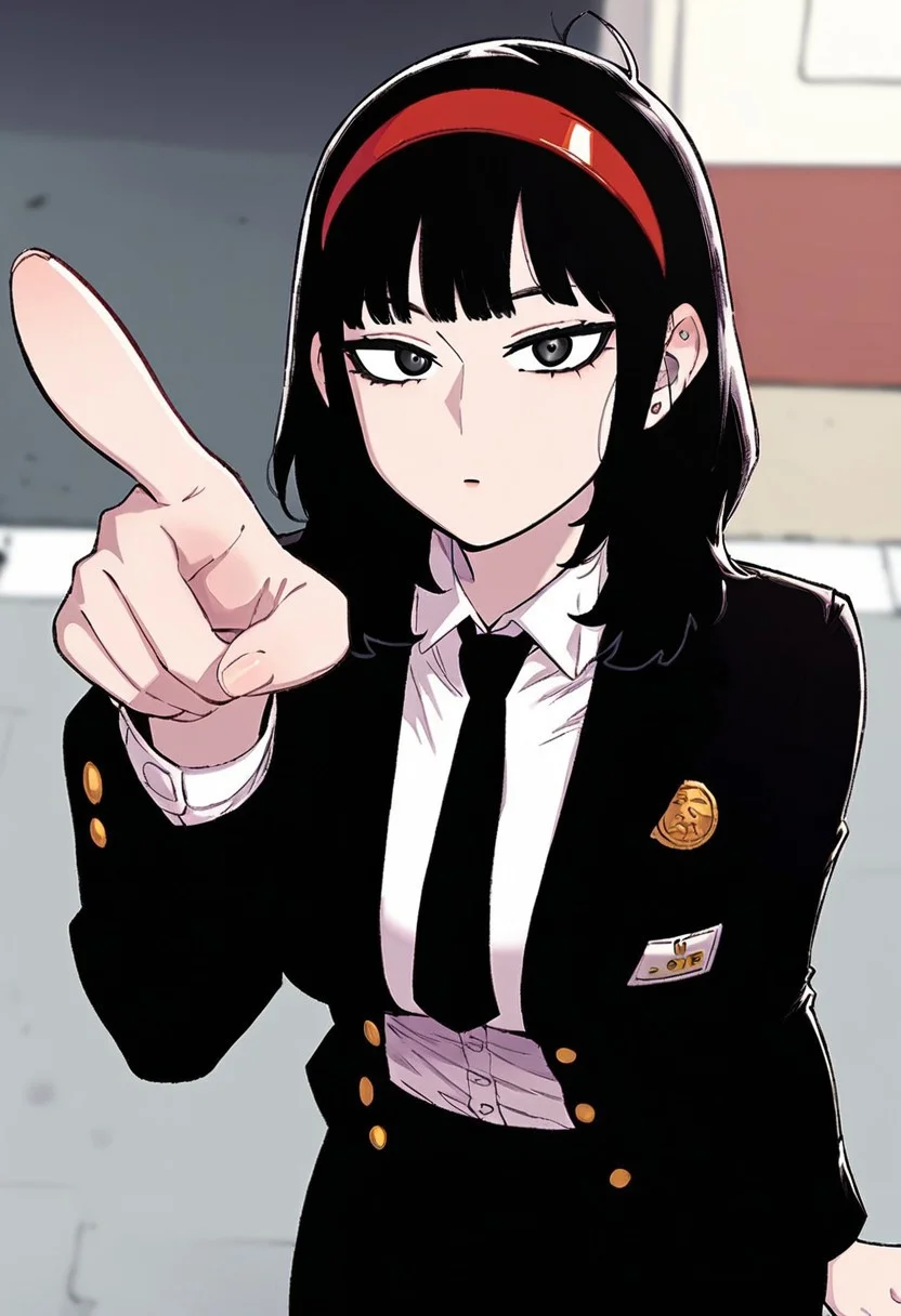 score_9, score_8_up, score_7_up, score_6_up, (cartoon art:1.1), rating_explicit, 1girl, solo, huge breasts, <lora:Seol Hyo-rim prefectPonyxl:0.85> black hair, gray eyes, black eyes, medium hair, red hairband, straight bangs, black tie, black jacket, collared shirt, white shirt, pencil skirt, black skirt, black tights, expressionless, pointing gun at viewer, street, outdoors, looking at viewer