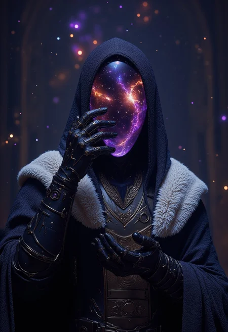 This high-quality digital artwork depicts a faceless god, holding up his hand to his face, holding the universe in his palm, getting ready to destroy all that it's birthed and created in one quick motion. The god has is has no face. Instead, where the gods face would be is a smooth, featureless, black surface, consumed by darkness with a swarm of beautiful stars scattered. The faceless god is clothed in an elegantly designed, dark, lightly  armored robe, with a white fur collar, that covers the spirits torso and arms. The background features a universe with colorful twinkling stars. The camera angle is leveled, looking at the faceless god, emphasizing it's gut wrenching situation. The depth of field is wide, keeping everything in sharp focus, highlighting every magnificent detail. The overall aesthetic quality is very high, showcasing excellent use of lighting and composition.((heavy cyan and purple)), text "I demand your buzz mortal"