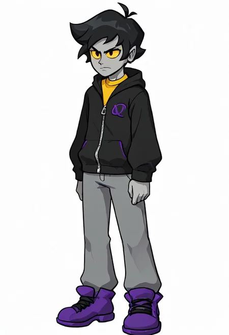 yellow sclera, 1boy, solo, short hair, black hair, grey skin, male focus, black hair, colored skin, hood, full body, pants, hoodie, white background, zipped jacket, shoes, grey pants, standing, frown, purple footwear, closed mouth, troll, zipper,
BREAK,
three-quarter view,
BREAK,
fnf