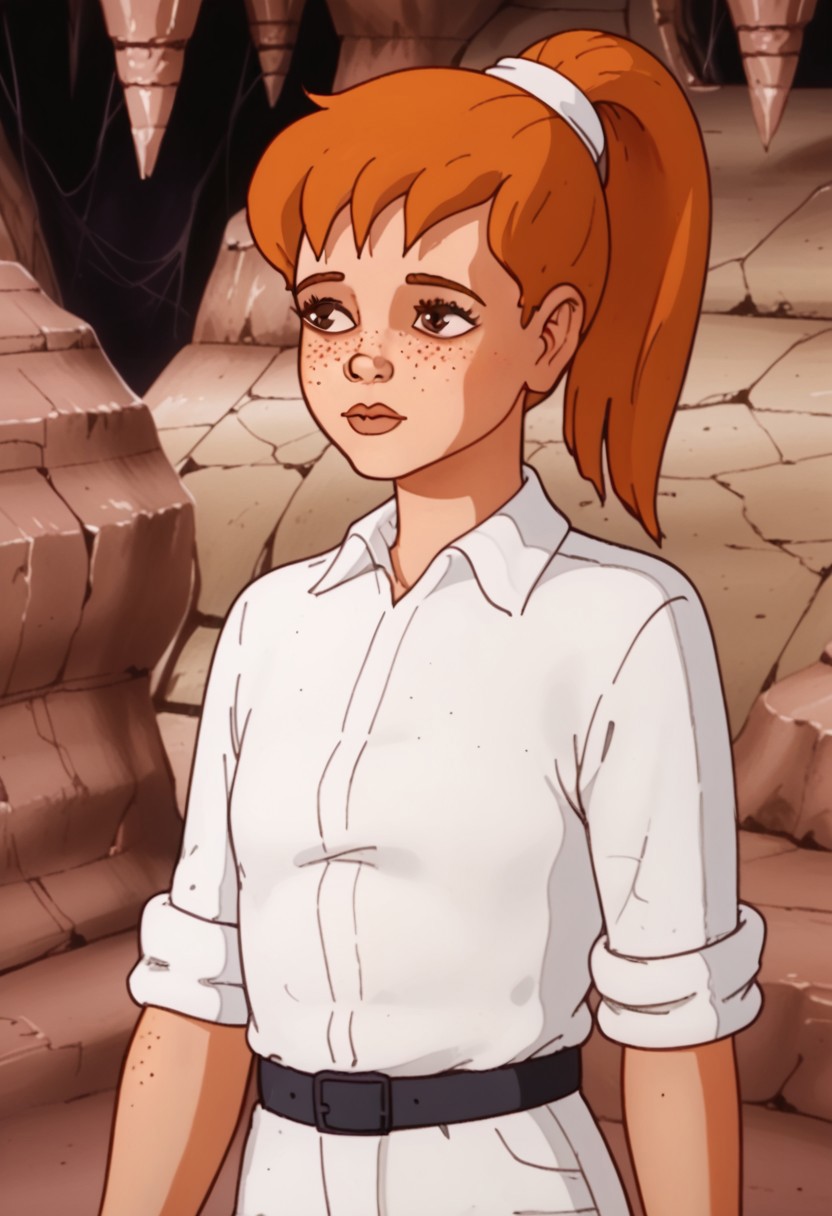 score_8, amba, 1girl, solo, ponytail, orangee hair, white shirt, white pants, sleeves rolled up, collared shirt, 1980s, freckles, white scrunchie, black belt, white footwear, brown eyes, interior, cave,