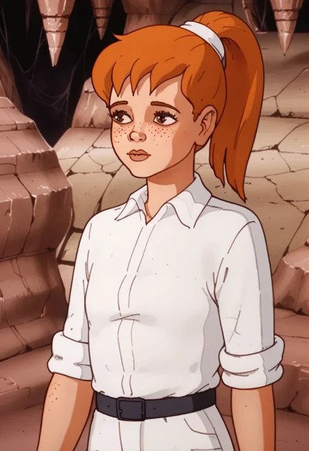 score_8, amba, 1girl, solo, ponytail, orangee hair, white shirt, white pants, sleeves rolled up, collared shirt, 1980s, freckles, white scrunchie, black belt, white footwear, brown eyes, interior, cave,