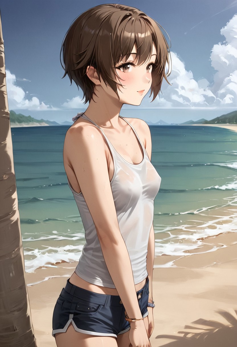 1girl, short hair, brown hair, small breasts, tank top, shorts, beach,