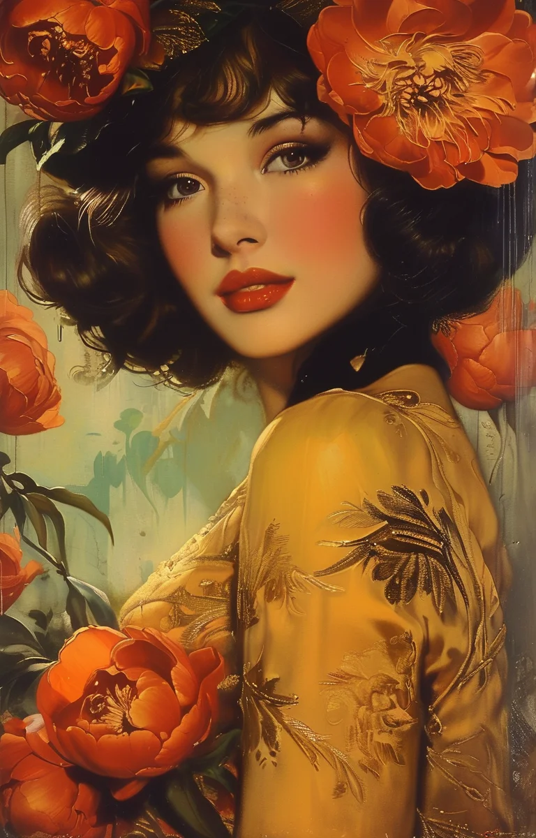 masterpiece,best quality,<lora:tbh216-sdxl:0.9>,illustration,style of Rolf Armstrong, decaying peonies