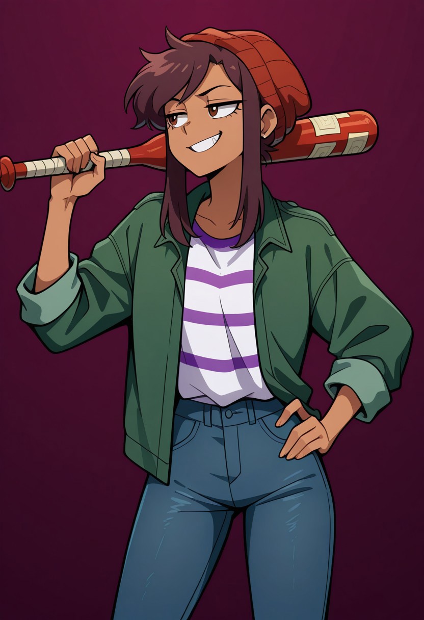 masterpiece, best quality, highres, BREAK, betaluz, 1girl, solo, dark-skinned female, brown eyes, brown hair, short hair, long bangs, red beanie, green jacket, open jacket, striped shirt, jeans, smug, looking to the side, grin, red baseball bat, holding weapon, over shoulder, hand on hip, standing legs apart, cowboy shot