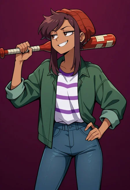 masterpiece, best quality, highres, BREAK, betaluz, 1girl, solo, dark-skinned female, brown eyes, brown hair, short hair, long bangs, red beanie, green jacket, open jacket, striped shirt, jeans, smug, looking to the side, grin, red baseball bat, holding weapon, over shoulder, hand on hip, standing legs apart, cowboy shot