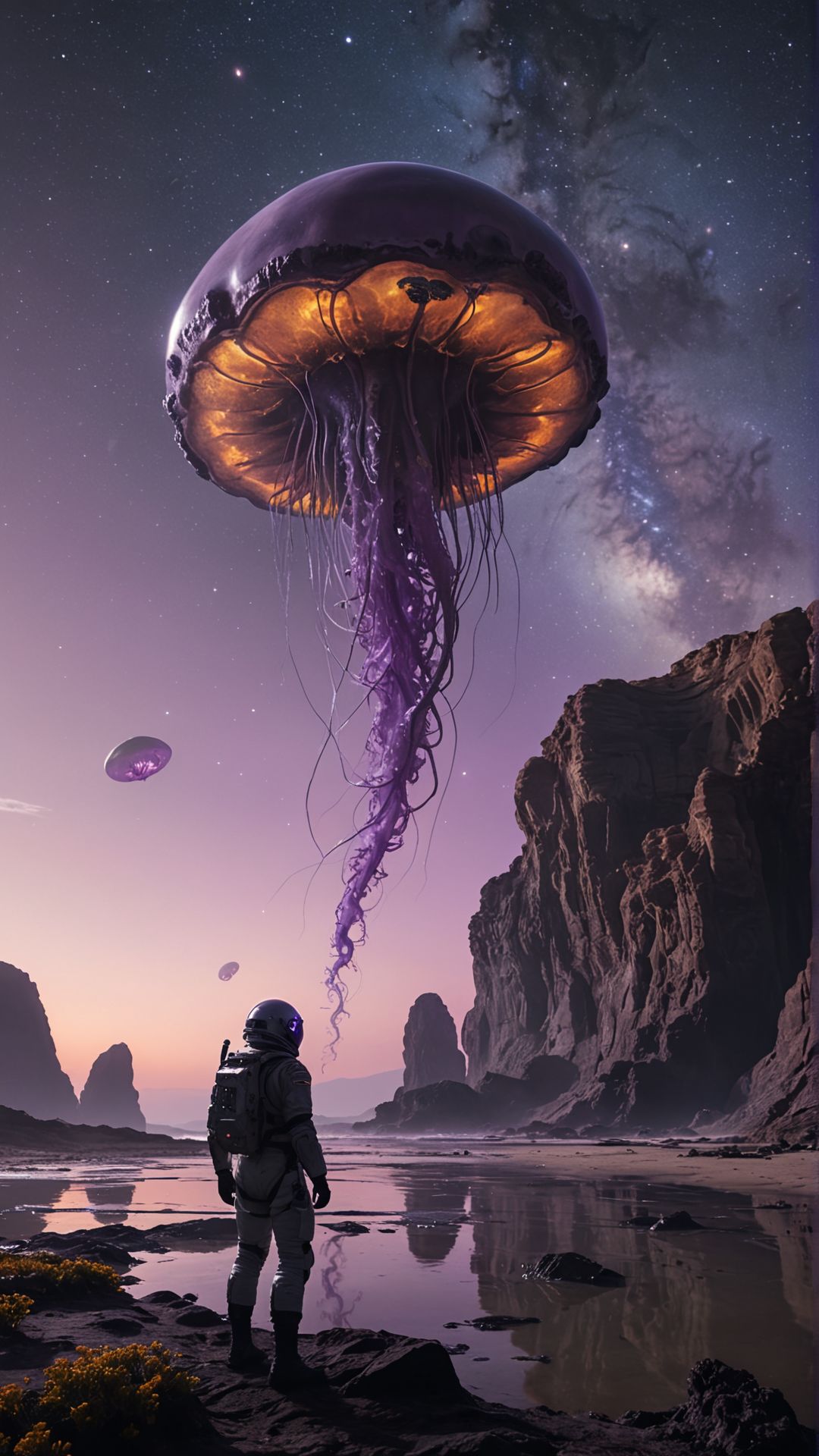 An astronaut exploring an alien planet with a purple sky, strange rock formations, and bioluminescent plants, encountering a friendly, jellyfish-like alien creature 
Ultra realistic, professional photo, uhd, 8k
<lora:add-detail-xl:1>
<lora:CinematicStyle_v1:0.7>
OverallDetailXL