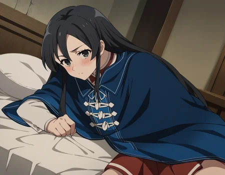 score_9, score_8_up, score_7_up, source_anime,
shizukananahoshi, <lora:shizuka-nanahoshi-s2-ponyxl-lora-nochekaiser:1>,
shizuka nanahoshi, long hair, black hair, black eyes, sidelocks,
skirt, long sleeves, pleated skirt, belt, cape, red skirt, blue cape,
indoors, bed, bed room, on side, blush, drunk,
solo, dutch angle, looking at viewer, cowboy shot,