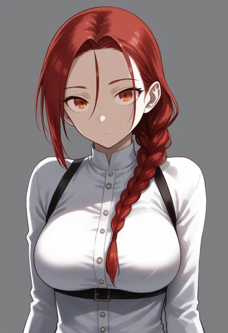 solo, 1girl, androgynous, looking at viewer, red hair, ponytail, braided ponytail, expressionless, large breasts, mid movement, dynamic pose. rinjuu,