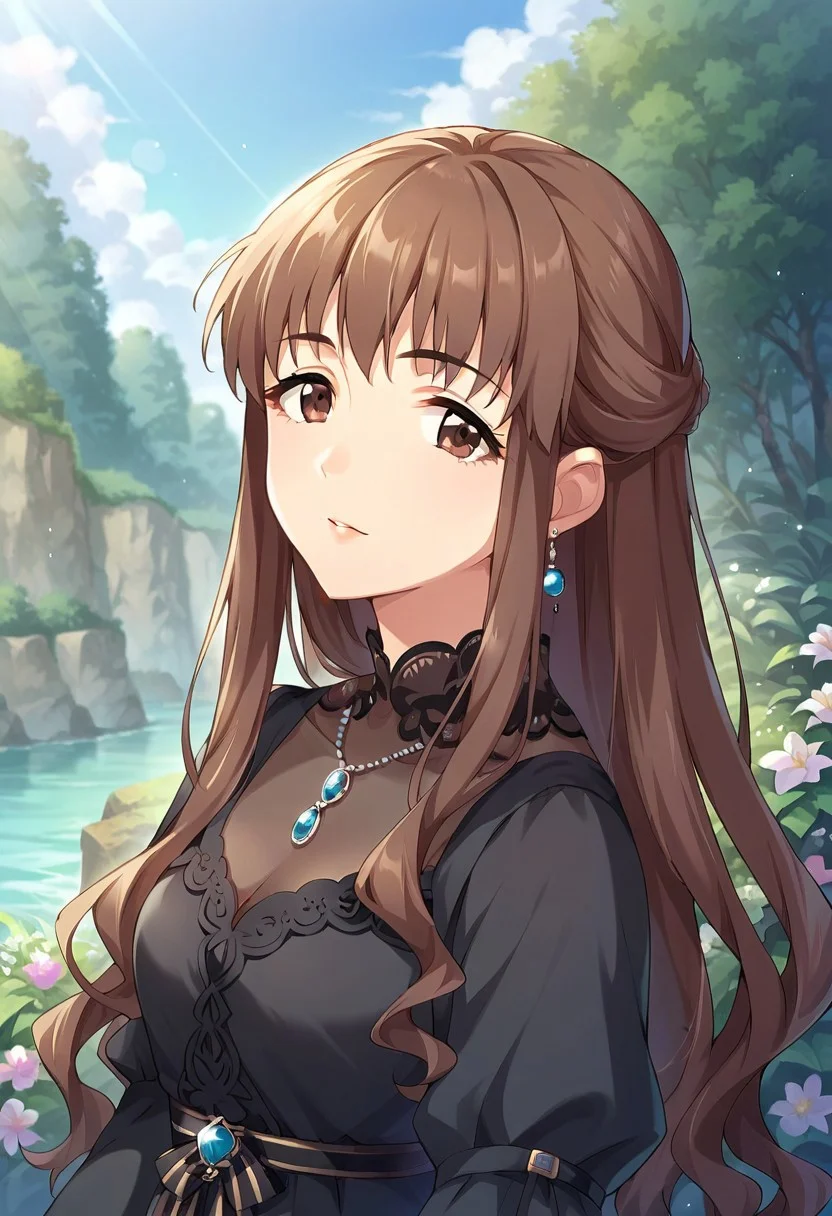 score_9, score_8_up, score_7_up, source_anime,hattori touko, long hair, brown hair, brown eyes, 1girl, solo, dress, jewelry, earrings, looking at viewer,upper body, black dress,outdoors