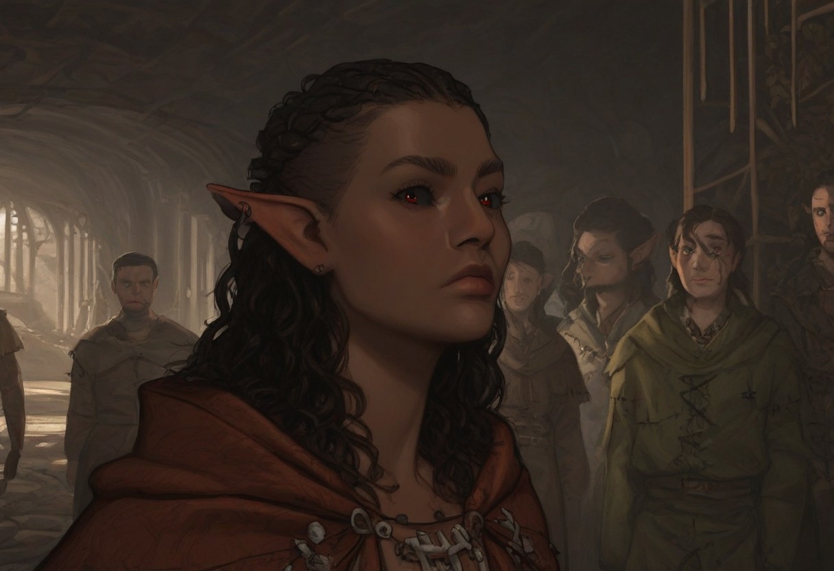 short pointy ears, piercings, random elf face, aquiline features, dark elf, dark elves, medium dark skin, weathered skin, large nose, animated realism, zoomed out, Syrian features, torso, brass pipes and gears, intricate architecture, dwarven masonry, dwemer fixtures, white-green light, gloomy lighting, ancient ruins, interior, stone tiled floor, grey-blue skin, mahogany and ivory clothes, medium armor, bone plate armor, ivory straps and fittings, grey wood neckguard, dark red sclera, black pupils, distant mushroom forest, blue-green light, neon, highly detailed, defined features, looking at viewer, three quarters view, from front, dynamic lighting, 36 years old, light and shadows, patterned cloth, annoyed expression, expressive eyes, detailed medieval clothes, medium_breasts, cropped hair, wavy hair, thick hair, beaded hair, braided hair, under cut hair, semirealistic, alien elf, spanish features, jewish features, black hair, dark red hair, umber skin, sharp features, pastel green berber print cloak, nighttime, high detail, absurdres, pretty eyes, detailed eyes, red eyes,