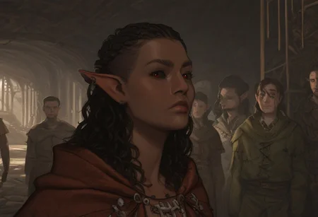 short pointy ears, piercings, random elf face, aquiline features, dark elf, dark elves, medium dark skin, weathered skin, large nose, animated realism, zoomed out, Syrian features, torso, brass pipes and gears, intricate architecture, dwarven masonry, dwemer fixtures, white-green light, gloomy lighting, ancient ruins, interior, stone tiled floor, grey-blue skin, mahogany and ivory clothes, medium armor, bone plate armor, ivory straps and fittings, grey wood neckguard, dark red sclera, black pupils, distant mushroom forest, blue-green light, neon, highly detailed, defined features, looking at viewer, three quarters view, from front, dynamic lighting, 36 years old, light and shadows, patterned cloth, annoyed expression, expressive eyes, detailed medieval clothes, medium_breasts, cropped hair, wavy hair, thick hair, beaded hair, braided hair, under cut hair, semirealistic, alien elf, spanish features, jewish features, black hair, dark red hair, umber skin, sharp features, pastel green berber print cloak, nighttime, high detail, absurdres, pretty eyes, detailed eyes, red eyes,