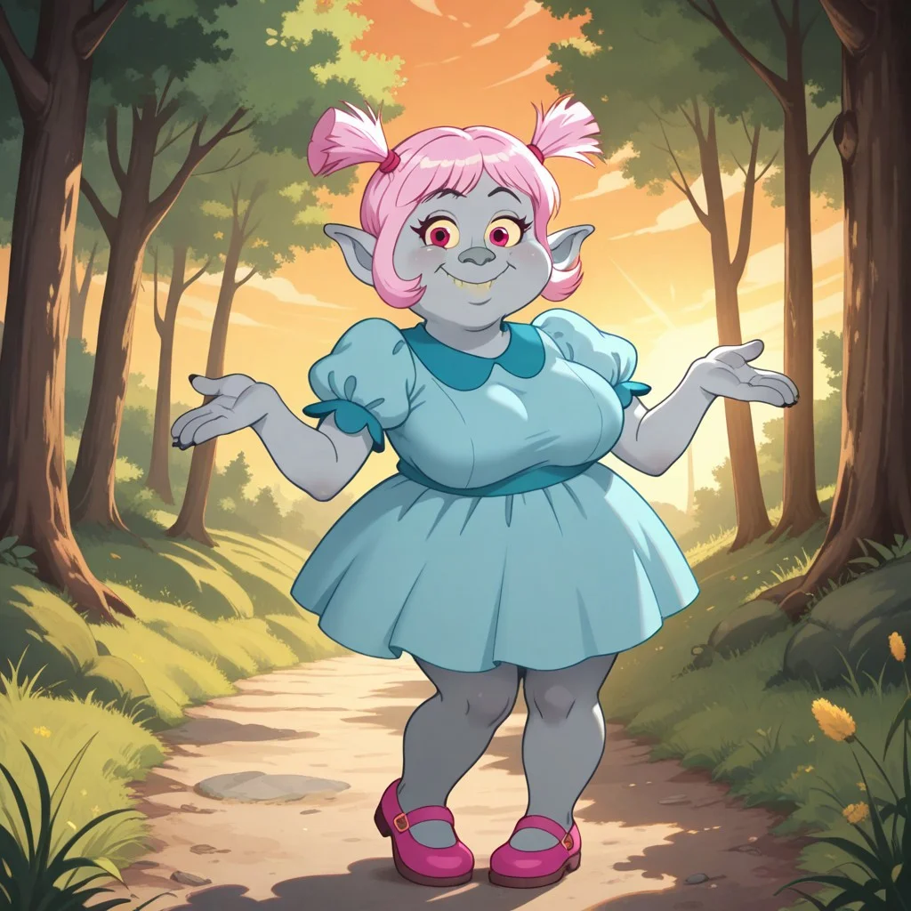 score_9, score_8, BREAK, solo, Bridget, 1girl, solo, gray skin, large pointed ears, pink hair, pigtails, blue dress, puffed sleeves, pink shoes, adult female, mature female, big breasts, sexy pose, self portrait, smile, looking at viewer, outdoors, sunlight, shadows, evening lighting, natural lighting, forest, trees, grass, orange sky, sunset