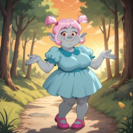 score_9, score_8, BREAK, solo, Bridget, 1girl, solo, gray skin, large pointed ears, pink hair, pigtails, blue dress, puffed sleeves, pink shoes, adult female, mature female, big breasts, sexy pose, self portrait, smile, looking at viewer, outdoors, sunlight, shadows, evening lighting, natural lighting, forest, trees, grass, orange sky, sunset