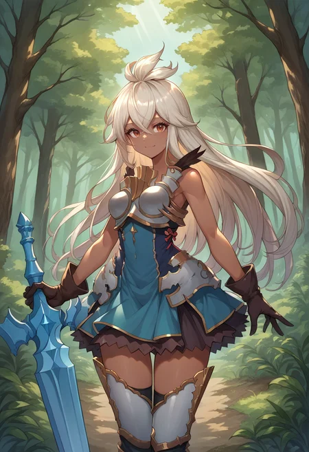 score_9, score_8_up, source_anime, 1girl, solo, ZooeyBase, dark skin, long hair, ahoge, armored dress, blue dress, sleeveless, pauldrons, black gloves, waist armor, armored boots, thigh boots, holding sword, smile, outdoors, forest, <lora:ChamZooeyGBPonyXL:1>