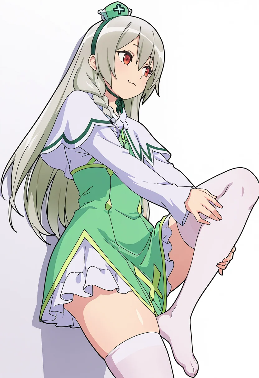 Smooth Quality,masterpiece,very intricate, high quality details, ultra realistic, high detailed skin,detailed enviorement,absurdres,
hand on own leg,
<lora:Ange_Maidena_CNR:0.8> ange_cnr, green_cnr, 1girl, grey hair, red eyes, long hair,green hairband, side braid, single braid, hair between eyes, green dress,capelet, long sleeves, thighhighs, hat,, simple background, white background, dynamic angle,
leaning against wall, one foot up, arms crossed, looking away,,, :3,