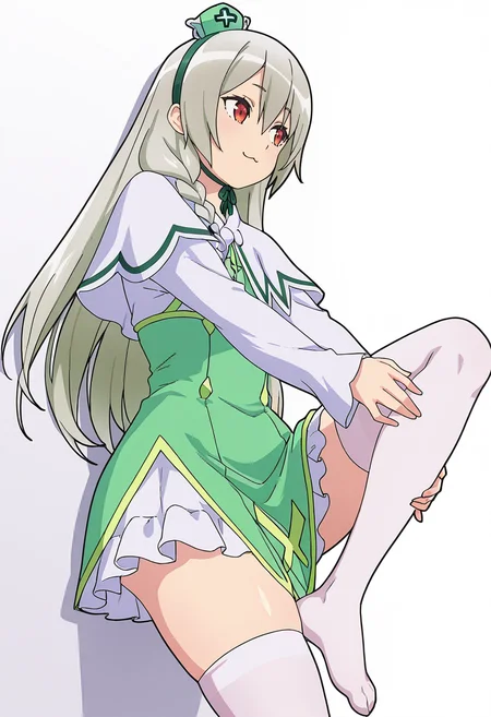 Smooth Quality,masterpiece,very intricate, high quality details, ultra realistic, high detailed skin,detailed enviorement,absurdres,
hand on own leg,
<lora:Ange_Maidena_CNR:0.8> ange_cnr, green_cnr, 1girl, grey hair, red eyes, long hair,green hairband, side braid, single braid, hair between eyes, green dress,capelet, long sleeves, thighhighs, hat,, simple background, white background, dynamic angle,
leaning against wall, one foot up, arms crossed, looking away,,, :3,