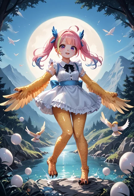 8K, best quality, best resolution,score_9,score_8_up,score_5_up,score_7_up,score_6_up,best quality,source_anime,winged arms, harpy,white dress,big eyes,detailed eyes,detail1eye,EyesHD,detailed face,BREAK,outside,mountain background, flying in mid-air,pastel lighting effect,light beam,full body,moon,night,