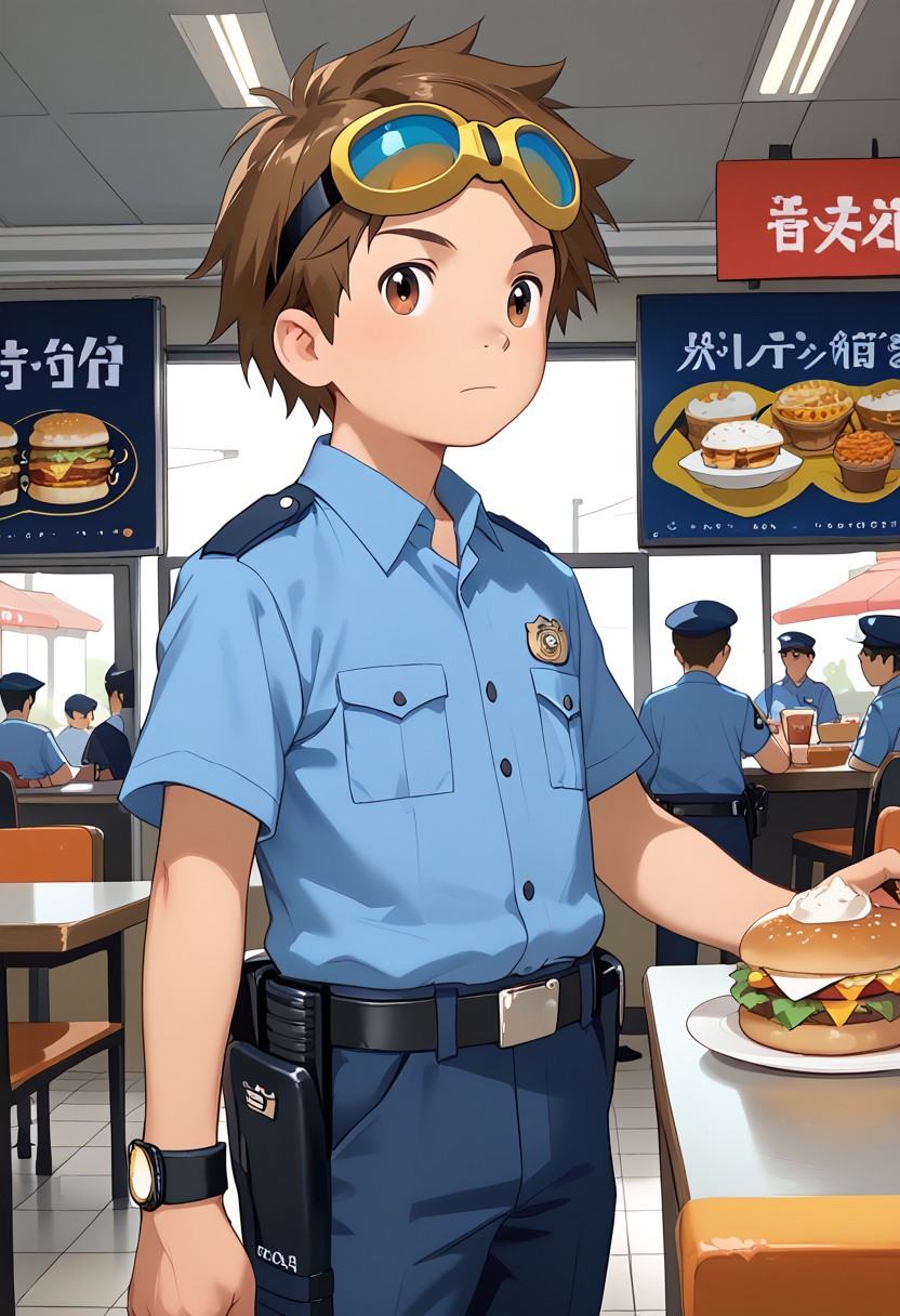 score_9, score_8_up, score_7_up, zPDXL2, 
,
1boy, solo, goggles on head, brown hair, male Japanese Summer Police Uniform,light-blue collared shirt, rank slides,hip holster,
Fast Food Restaurant