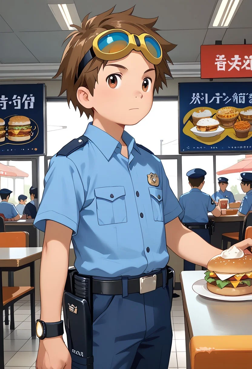 score_9, score_8_up, score_7_up, zPDXL2, 
,
1boy, solo, goggles on head, brown hair, male Japanese Summer Police Uniform,light-blue collared shirt, rank slides,hip holster,
Fast Food Restaurant