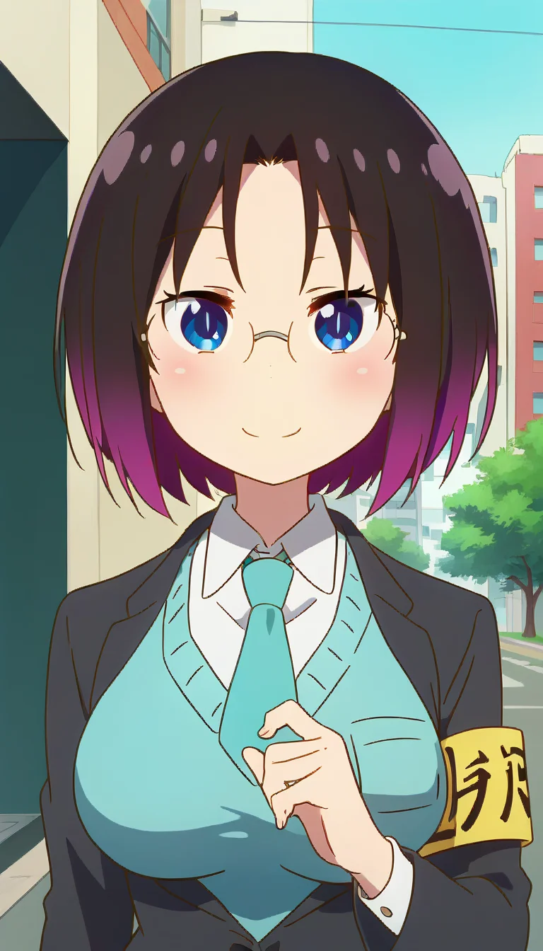 score_9,score_8_up,score_7_up,score_6_up BREAK official art,solo,outdoors,upper body,(portrait:1.5),looking at viewer,facing viewer,smile,blush,Elma,short hair,black hair,gradient hair,purple hair,parted bangs,blue eyes,glasses,black jacket,open jacket,aqua necktie,aqua sweater vest,white shirt,collared shirt,armband,long sleeves,large breasts,skindentation,black skirt,pencil skirt,skirt suit,high heels,black footwear,<lora:Elma(mkdm)-Pony:1.5>,