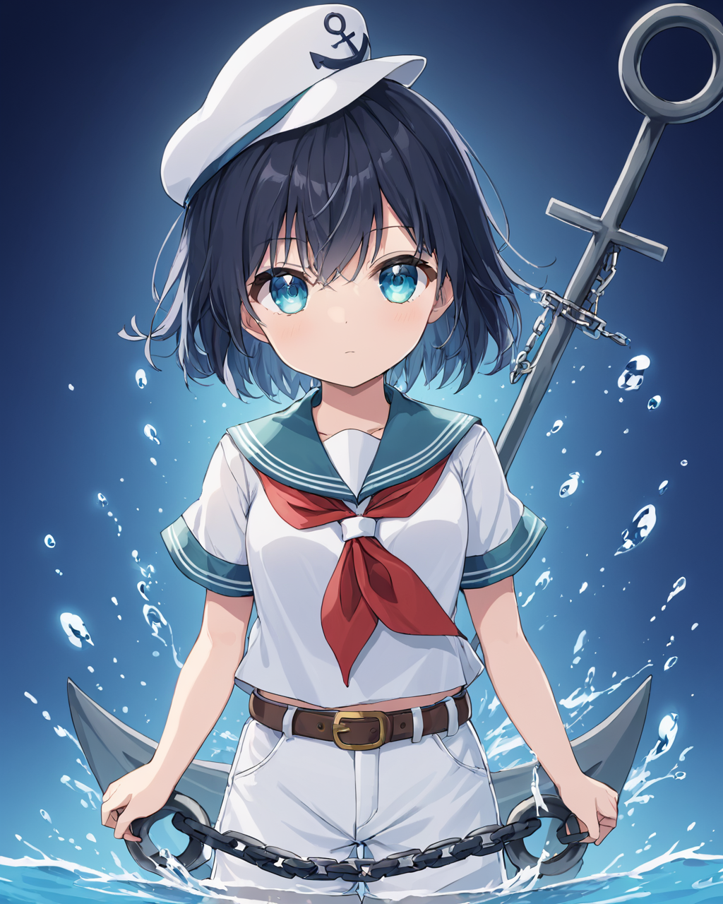 murasa minamitsu,1girl, solo, anchor, white_shorts, belt, water, sailor_hat, short_sleeves, chain, white_headwear, looking_at_viewer, white_shirt, hishaku, anchor_symbol, red_neckerchief, sailor_shirt, holding, sailor
<lora:murasa_minamitsu_image2637_2023-12-20-000008:1>,star-shaped_pupils,symbol-shaped_pupils,. gorgeous,key visual, vibrant, studio anime,award-winning, professional, highly detailed,high budget, cinemascope