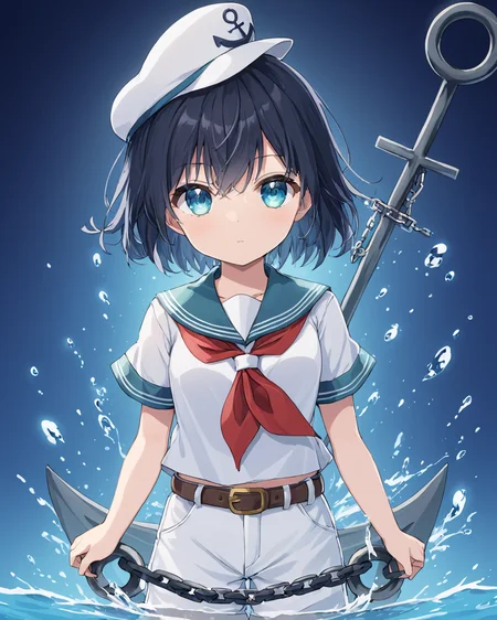 murasa minamitsu,1girl, solo, anchor, white_shorts, belt, water, sailor_hat, short_sleeves, chain, white_headwear, looking_at_viewer, white_shirt, hishaku, anchor_symbol, red_neckerchief, sailor_shirt, holding, sailor
<lora:murasa_minamitsu_image2637_2023-12-20-000008:1>,star-shaped_pupils,symbol-shaped_pupils,. gorgeous,key visual, vibrant, studio anime,award-winning, professional, highly detailed,high budget, cinemascope