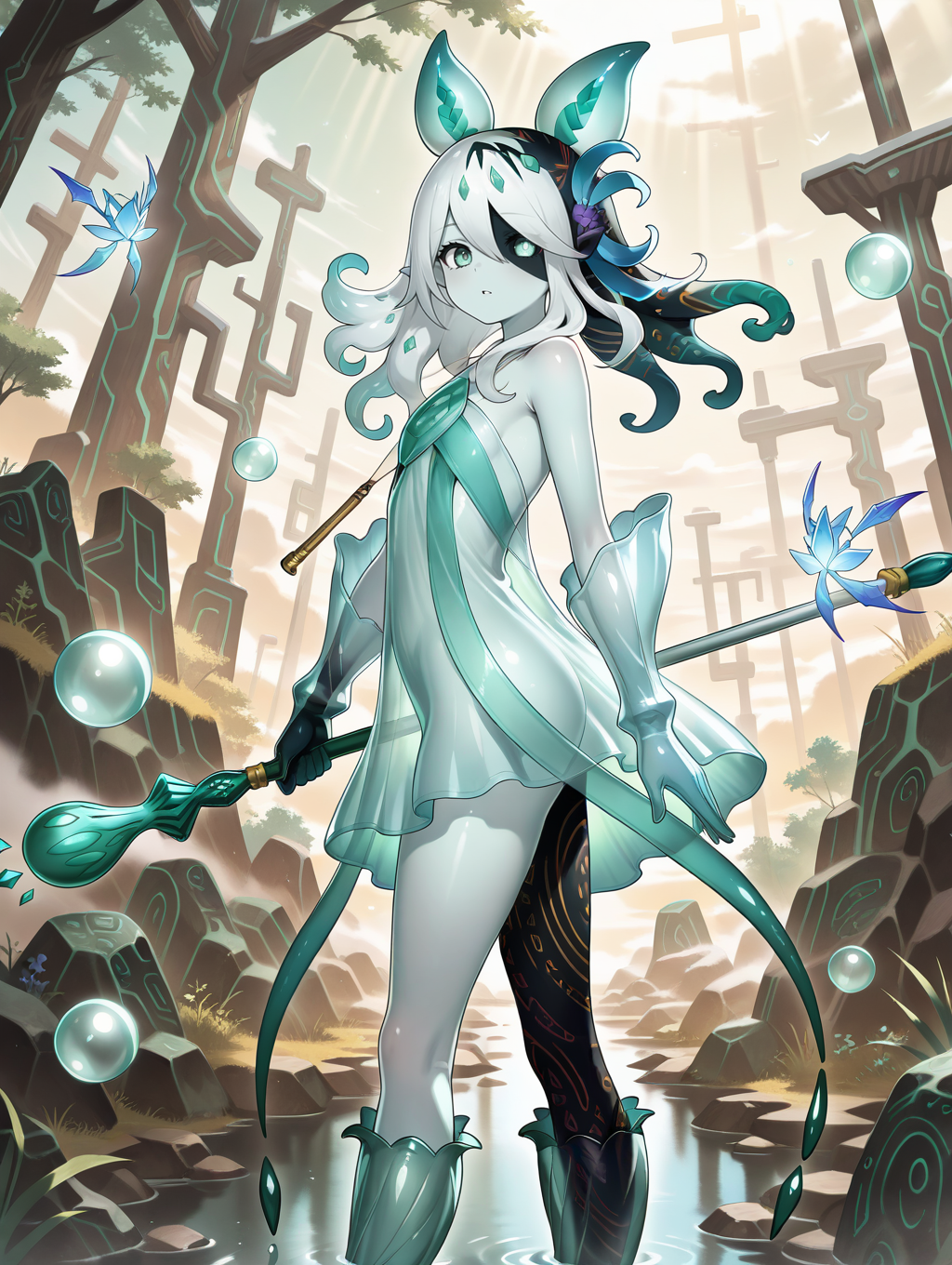 monster girl,icejade acti,1girl,solo,looking at viewer,staff,parted lips,standing,see-through body,see-through gloves,see-through knee boots,see-through dress,hair flower,bubble pipe necklace,from side,holding staff,cyan fairy,heterochromia,historical ruins,
masterpiece,best quality,amazing quality,very aesthetic,absurdres,newest,<lora:Icejade Acti illuXL v1.2:0.83>,