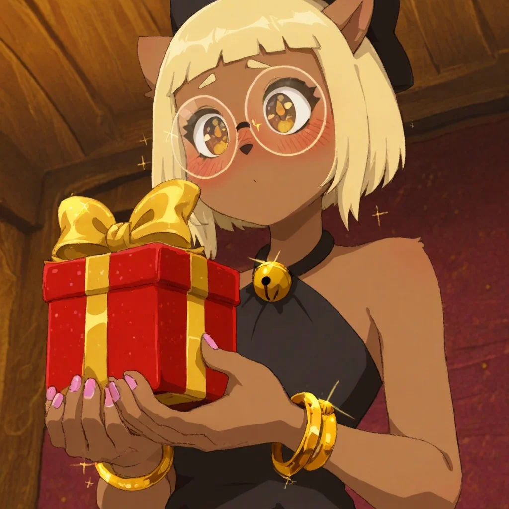 DofusJulie, 1 girl, solo girl, animal ears, animal nose, brown eyes, small blond eyebrows, blonde hair, bob cut, bangs, round glasses, dark skin, black bow, hair bow, halterneck, black dress, bell, holding gift in both hands, red gift box, golden gift ribbon, sparkly eyes, blush, amazed, golden bracelets, pink nails, from below, (upper body), rudimentary house, masterpiece, best quality,