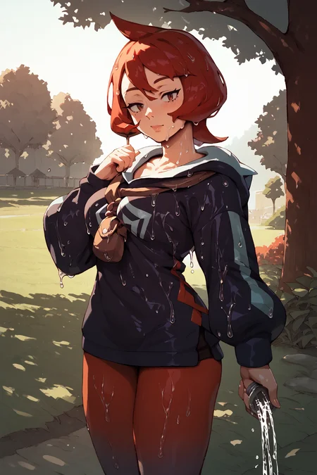 arezu, pantyhose, short hair, red hair, gradient legwear, cowlick ,in an open field, pouring rain, wet skin, wet body, wet hair,<lora:RD-MAnon-XLV1.1:1>, outside, in a park, <lora:Arezu_pokemon:1>, , source_anime, score_9_up, score_7_up, score_8_up