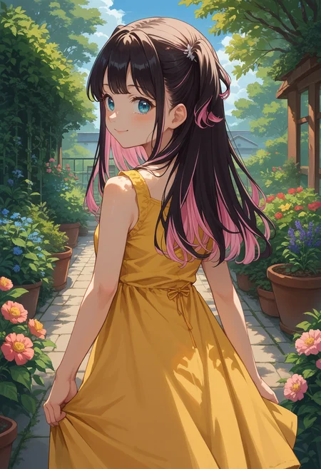 score_9, score_8_up, source_anime, 1girl, solo, NazunaKaga, blue eyes, multicolored hair, black hair, pink hair, long hair, two side up, from behind, yellow sundress, garden, day, sunshine, smile, looking back, <lora:ChamNazunaKagaPonyXL:1>