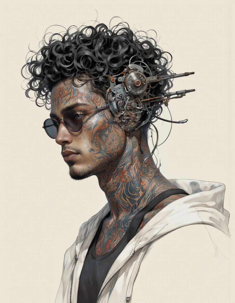 Anime CRABDM style.
A digital illustration shoot from a profile camera angle about a stylized portrait of a young man with intricate tattoos and mechanical parts on his head and neck, wearing sunglasses and a white hoodie. the image also shows a man with curly black hair and a serious expression. on the middle of the image, a 1boy, who appears to be in his early twenties, is facing the viewer, looking to the side, with a neutral expression, wearing a black tank top, a white jacket over a black shirt, and a pair of earrings. the man has a slim body, dark skin, and intricate tattoos covering his face and neck. he has a short, curly black afro hairstyle and is wearing round, black sunglasses. on his neck, there are mechanical parts attached to his hair, including a mechanical earpiece. he also has a beard and mustache. the background is a simple, light beige color, and the overall style is semi-realistic with a focus on the intricate details of his tattoos and the mechanical parts.