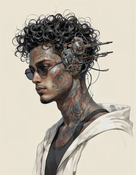 Anime CRABDM style.
A digital illustration shoot from a profile camera angle about a stylized portrait of a young man with intricate tattoos and mechanical parts on his head and neck, wearing sunglasses and a white hoodie. the image also shows a man with curly black hair and a serious expression. on the middle of the image, a 1boy, who appears to be in his early twenties, is facing the viewer, looking to the side, with a neutral expression, wearing a black tank top, a white jacket over a black shirt, and a pair of earrings. the man has a slim body, dark skin, and intricate tattoos covering his face and neck. he has a short, curly black afro hairstyle and is wearing round, black sunglasses. on his neck, there are mechanical parts attached to his hair, including a mechanical earpiece. he also has a beard and mustache. the background is a simple, light beige color, and the overall style is semi-realistic with a focus on the intricate details of his tattoos and the mechanical parts.