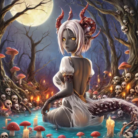1girl, horns, moon, skull, solo, candle, animal ears, full moon, ass, nature, looking at viewer, dress, night, outdoors, yellow eyes, forest, colored skin, puffy sleeves, tree, water, tail, black skin, short sleeves, white dress, puffy short sleeves, breasts, mushroom, looking back, white hair, crown, partially submerged, backless outfit, torn clothes, short hair, monster girl, glowing, sitting, grey skin, wet, fire, horn ornament, wading, backless dress, sky, parted bangs, multicolored hair, medium breasts, torn dress, see-through, from behind, curled horns, sensitive