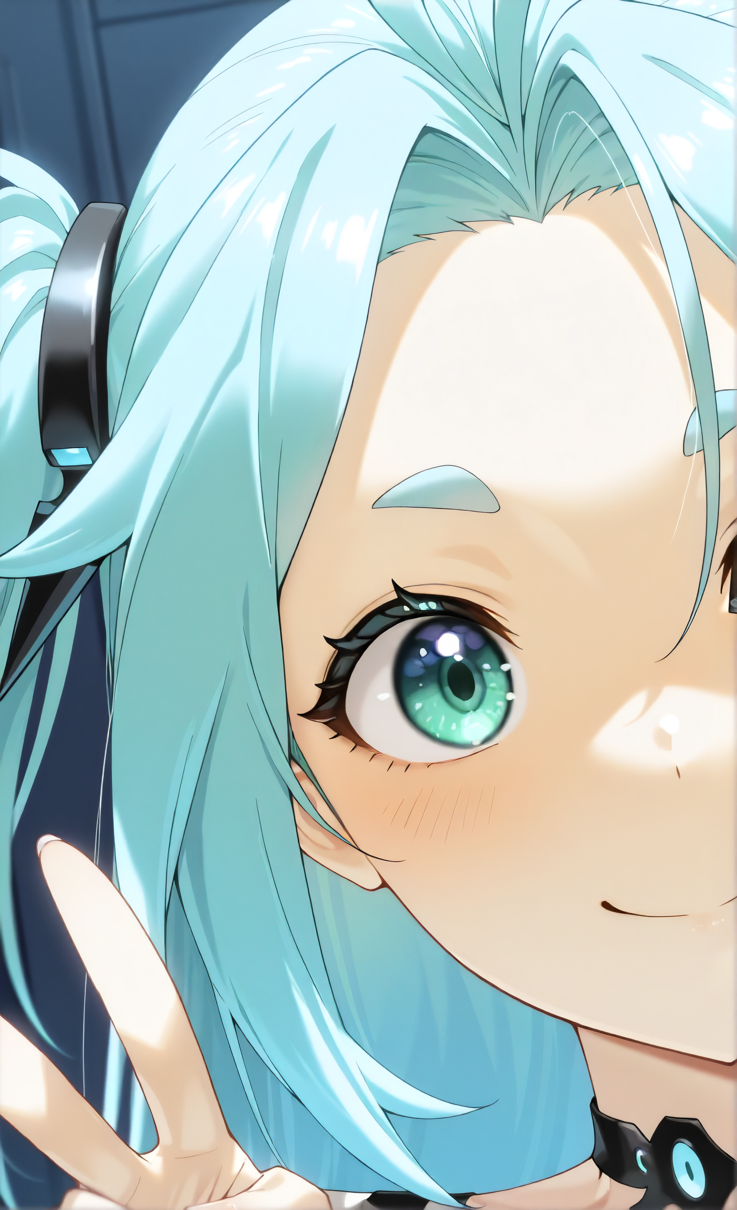 masterpiece, sharp detail, intricate detail, 1girl, <lora:To be hero X - Lucky Cyan:1>, lucky cyan \(to be hero x\), detailed eyes, close-up, smile, upper body, v, two side up,