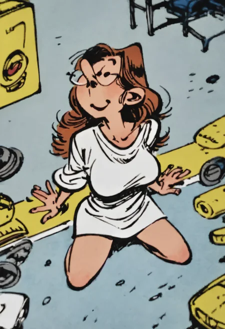 score_9, score_8_up, score_7_up, 1girl, large_breasts, mature_female, portrait, solo, looking_at_viewer, open_eyes, Kneeling with one hand on the floor, from_above, (Gray ghost costume), long hair, plait, Medium Brown hair, hangar, cropped_torso, rating_safe, <lora:pony\artist_styles\franquin_pony:1.0>
